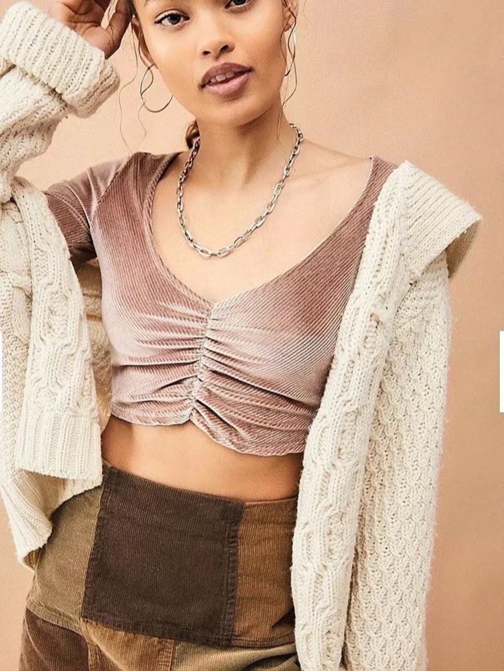 Urban Outfitters Ribbed Crop Top Ruched Long Sleeve Pink & Brown Small